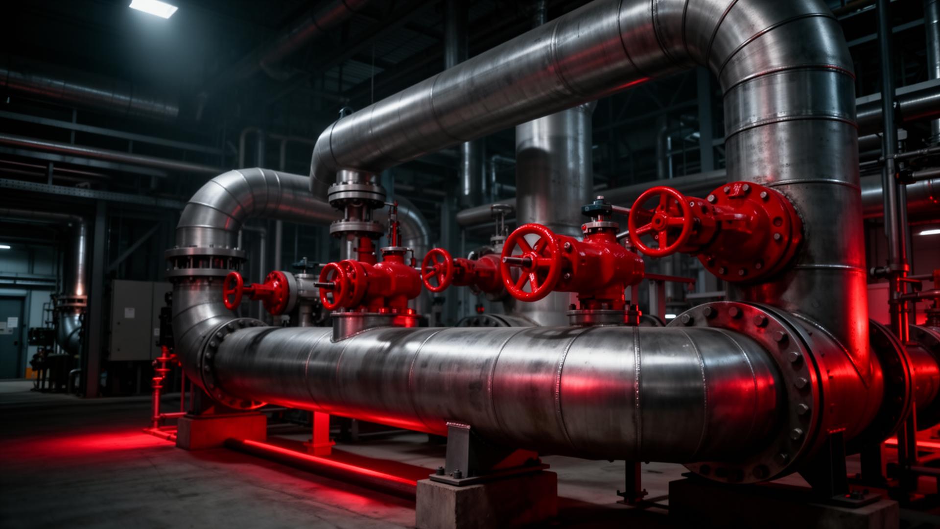 Instalação industrial de tubagem AVAC com válvulas vermelhas